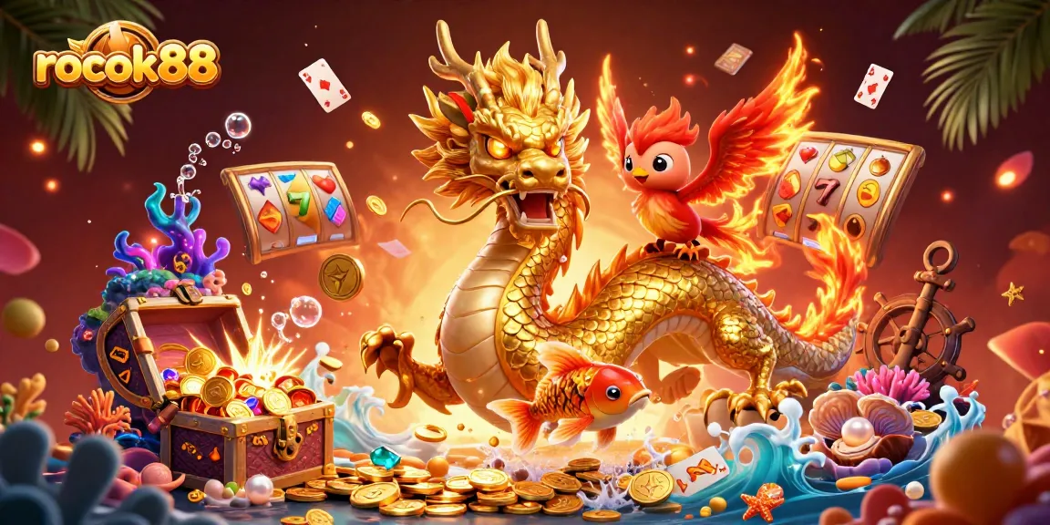 Experience the thrills of rokok88 with a fierce Chinese dragon and magical creatures in a dynamic casino scene.
