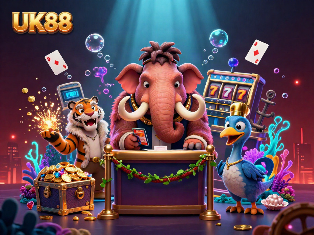 Experience thrilling adventures at UK88 with a whimsical, vibrant 3D casino scene featuring animated characters and exciting gaming elements.