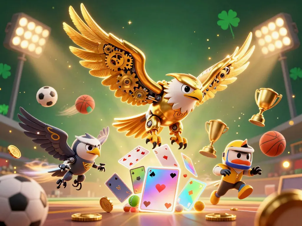 Experience thrilling sports betting with DEBET, where a golden eagle dives through dynamic gaming elements.