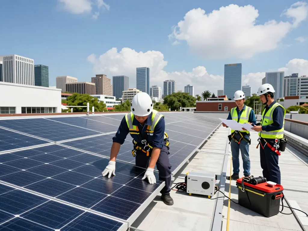 Installation von Solarpanels in städtischer Umgebung, die die Photovoltaik Wien Lösungen für erneuerbare Energien hervorhebt.