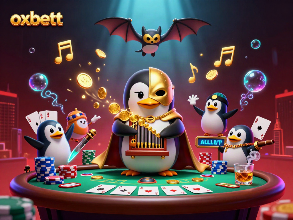 Experience the excitement of playing at Oxbett with a vibrant casino scene showcasing a penguin and dynamic gaming elements.