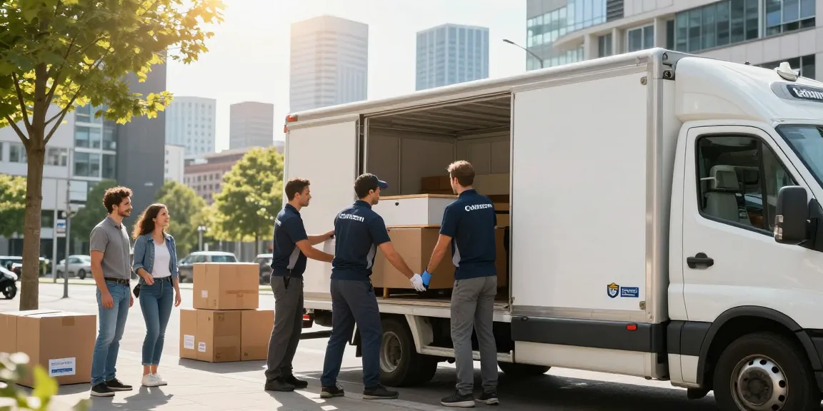 Umzugsunternehmen Darmstadt, professionelle Umzugshelfer laden Möbel in einen Umzugswagen, dynamische Stadtansicht.