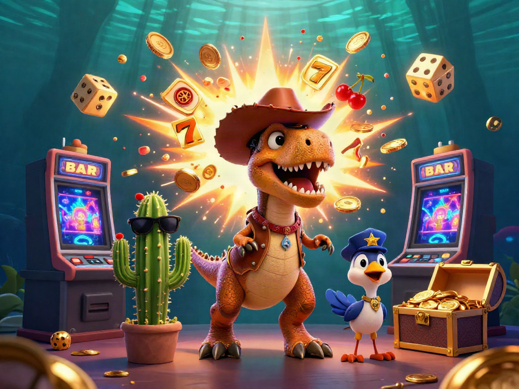 Experience SV88 action with a cartoon cowboy T-Rex and friends celebrating a jackpot win.