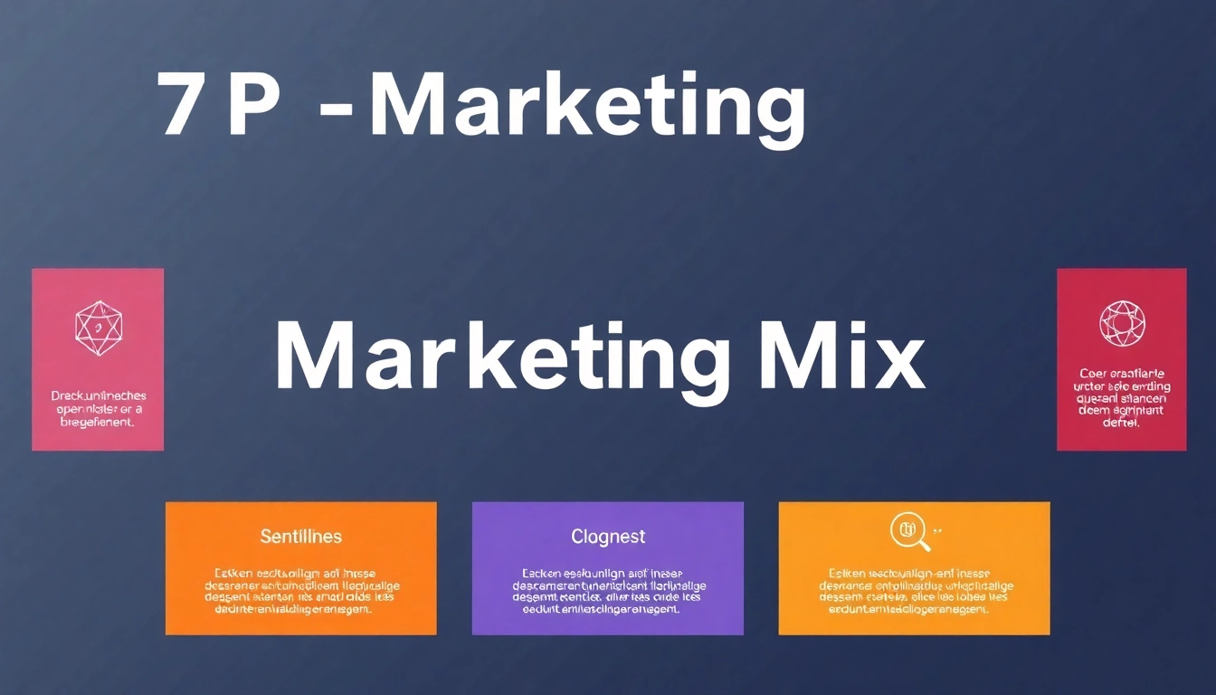 Grafik des 7P-Marketing-Mix, die die Konzepte Produkte, Preis, Platz, Promotion, Menschen, Prozesse und physische Beweise darstellt.