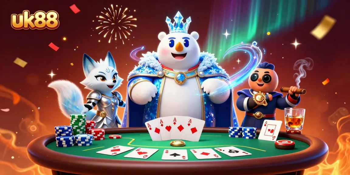 Experience the thrill of uk88 with a vibrant 3D scene featuring a polar bear and fox at a poker table.