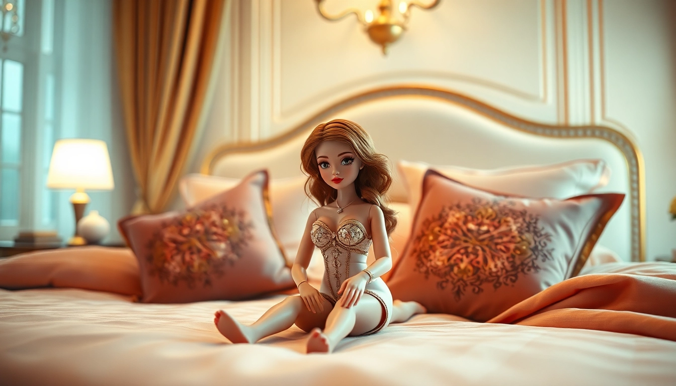Schöne Love Dolls in einem eleganten Schlafzimmer, umgeben von verführerischem Dekor.