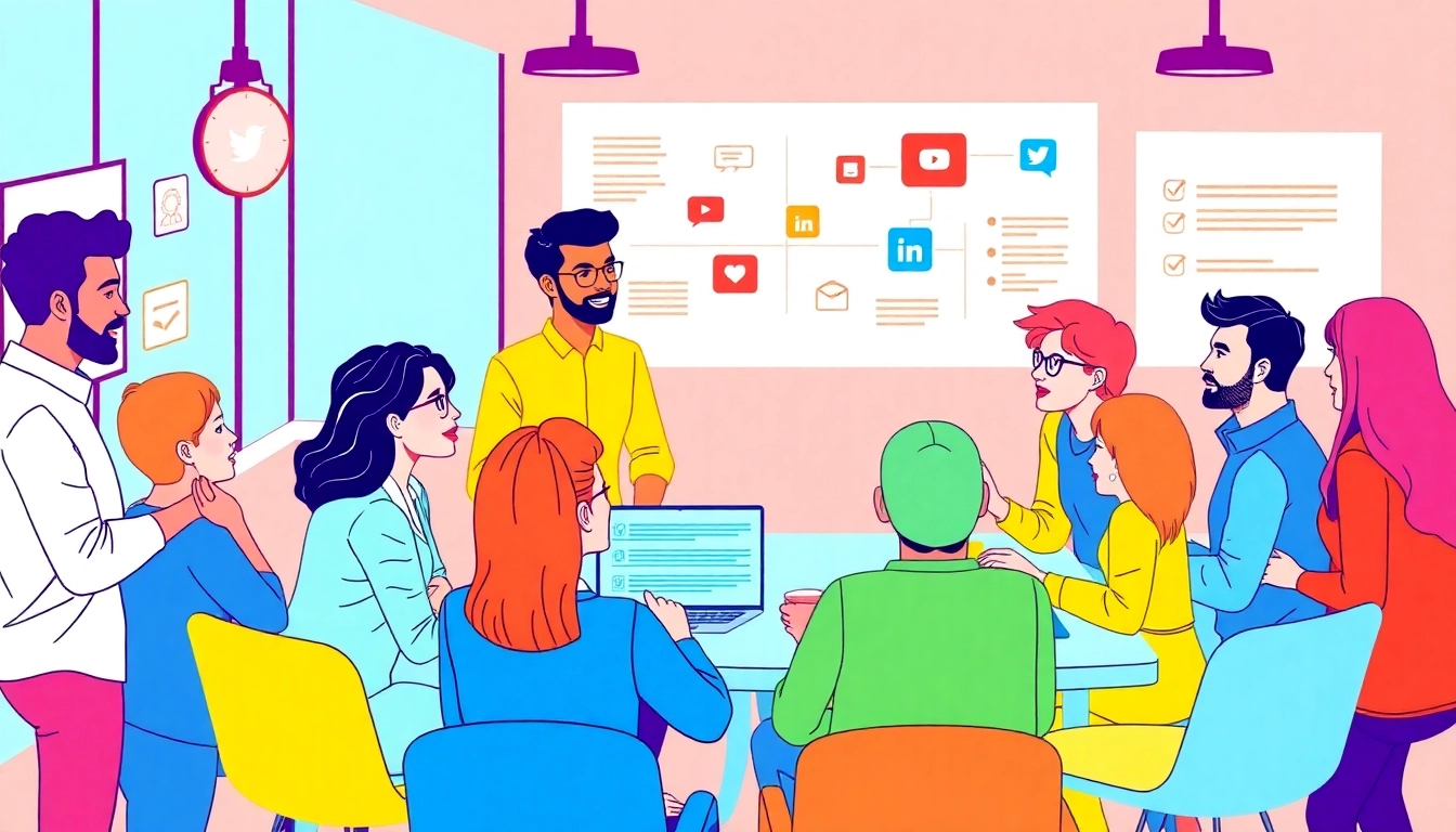 Engage with a social-media-marketingstrategie discussion featuring diverse professionals collaborating effectively.