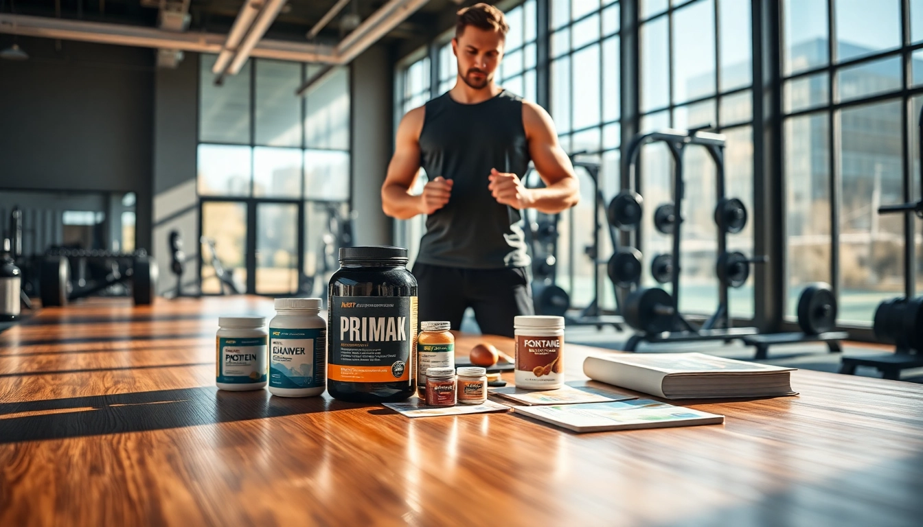 Fitnessbegeisterte betrachten trenbolon preis Produkte in einem modernen Fitnessstudio.
