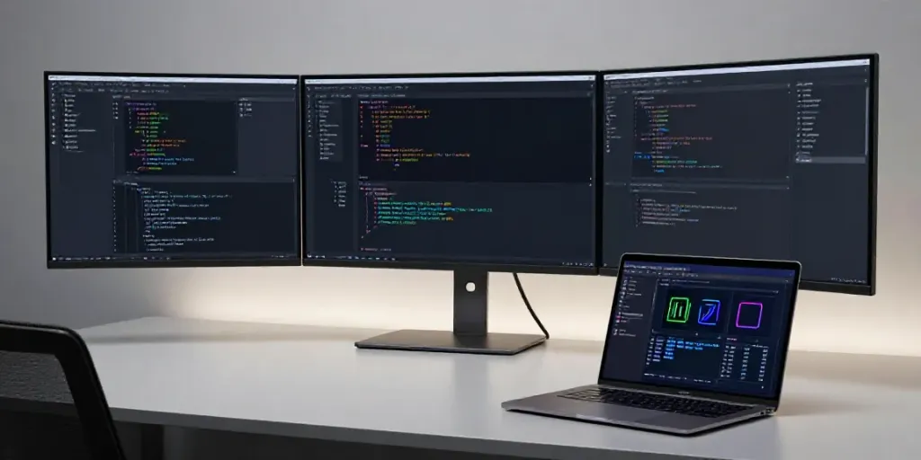 Das Bild zeigt eine moderne Entwicklungsumgebung, in der Softwareentwicklung und KI-Technologie die Schlüsselwörter gg und Innovation verbinden.