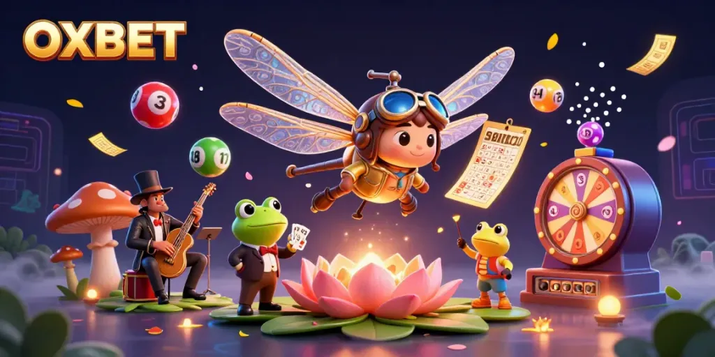 Experience thrilling gaming action with OXBET at a vibrant lily pad casino featuring dynamic characters and games.
