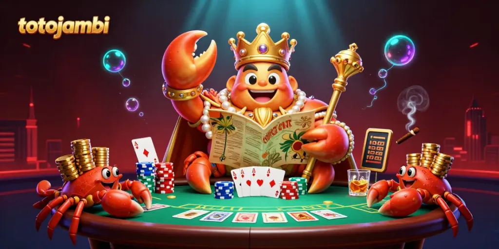 Experience the excitement of totojambi with a dynamic scene of a golden crab emperor and crab servants amidst poker action.