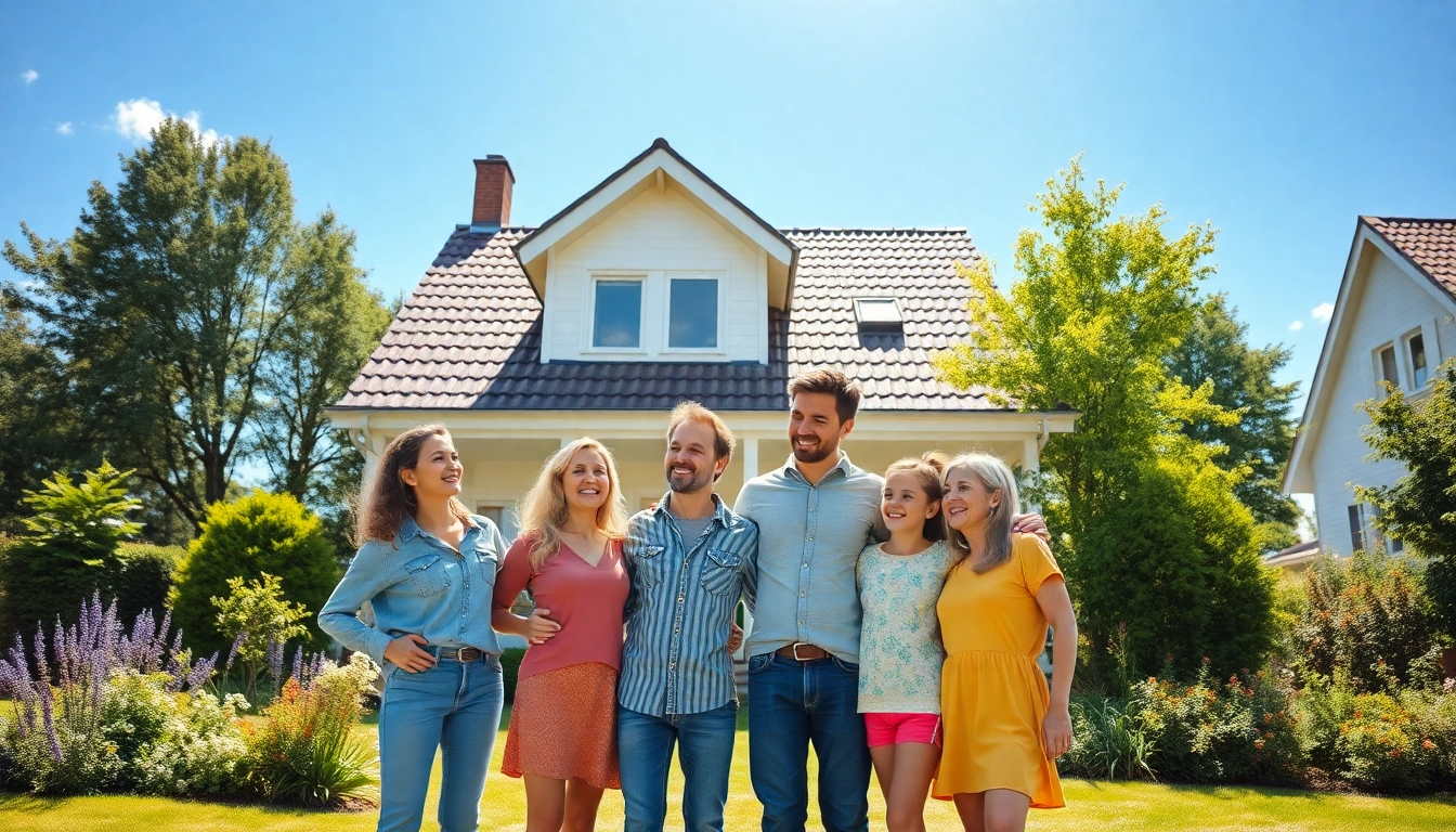 Familie genießt den Hauskauf vor ihrem neuen Einfamilienhaus im Grünen.