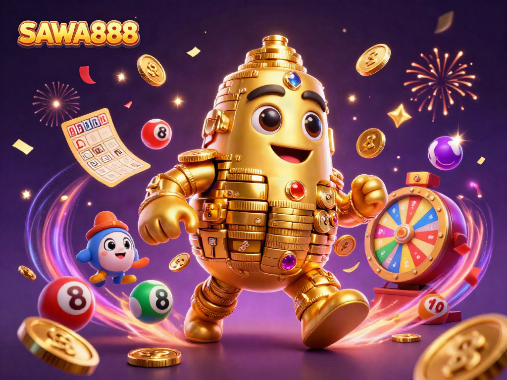 SAWA888 offers dynamic golden golem illustration surrounded by lottery elements in a vibrant celebration scene.