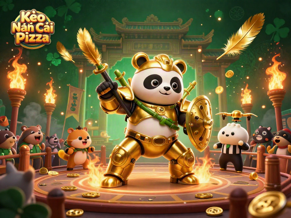 Engaging scene of Kèo Nhà Cái Pizza with panda robot and cheering animal spectators in a vibrant casino.