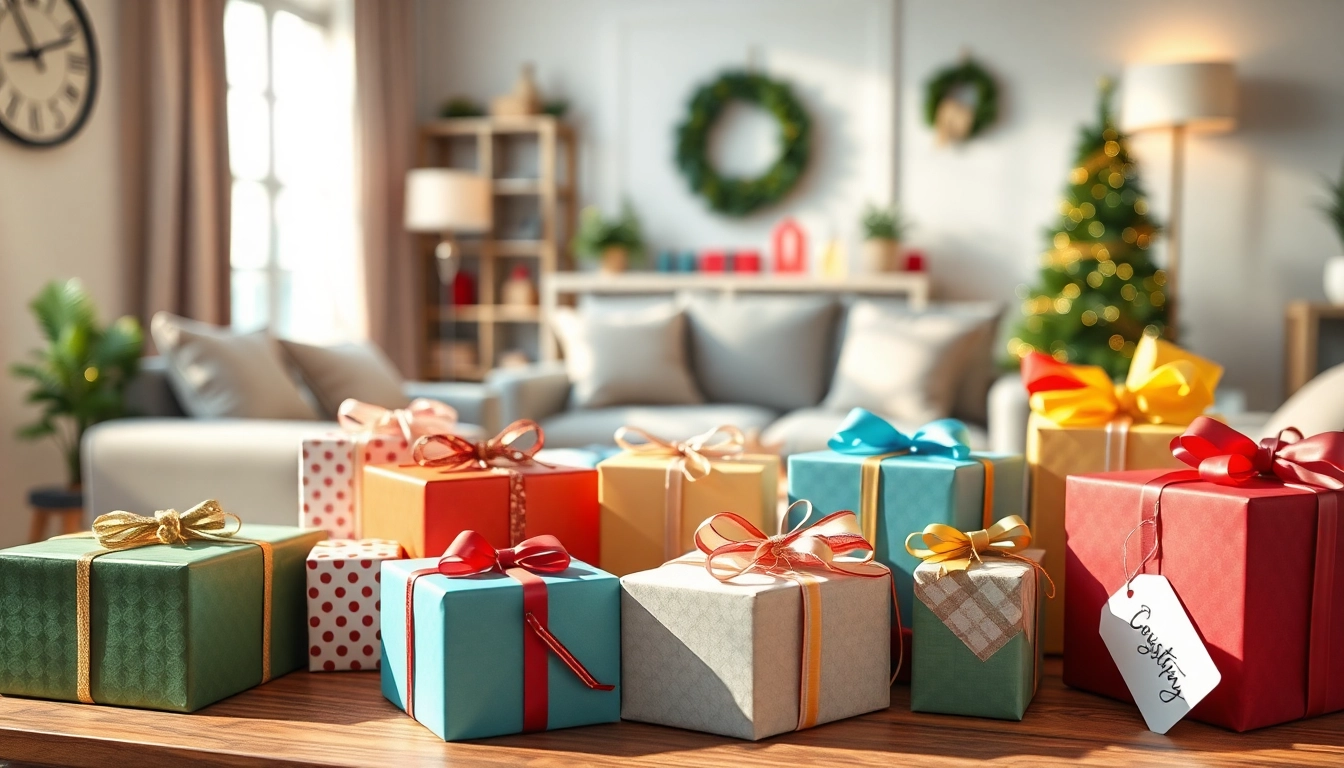 Besondere Geschenkideen auf einem stilvollen Tisch in gemütlichem Wohnzimmer