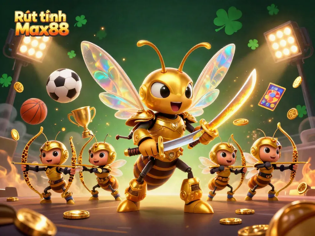 Rút tiền Max88 showcases a dynamic scene with a giant golden hornet samurai leading bee archers and sports elements.