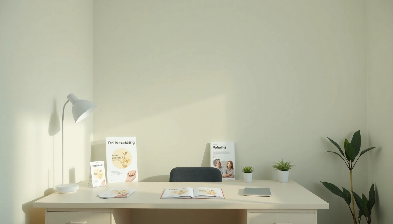 Pflegemarketing marketing materials on a stylish desk, emphasizing strategic design and organization.