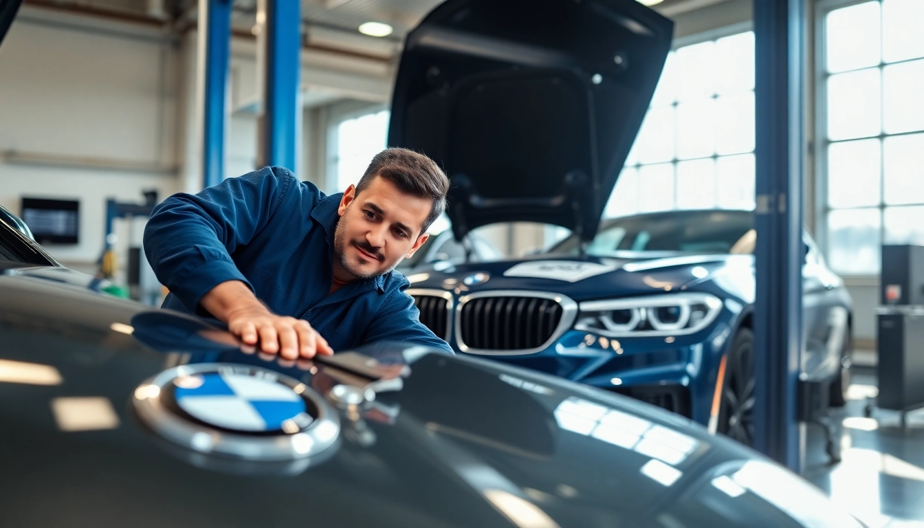 BMW Spezialist repariert ein Luxusfahrzeug in einer modernen Werkstatt.