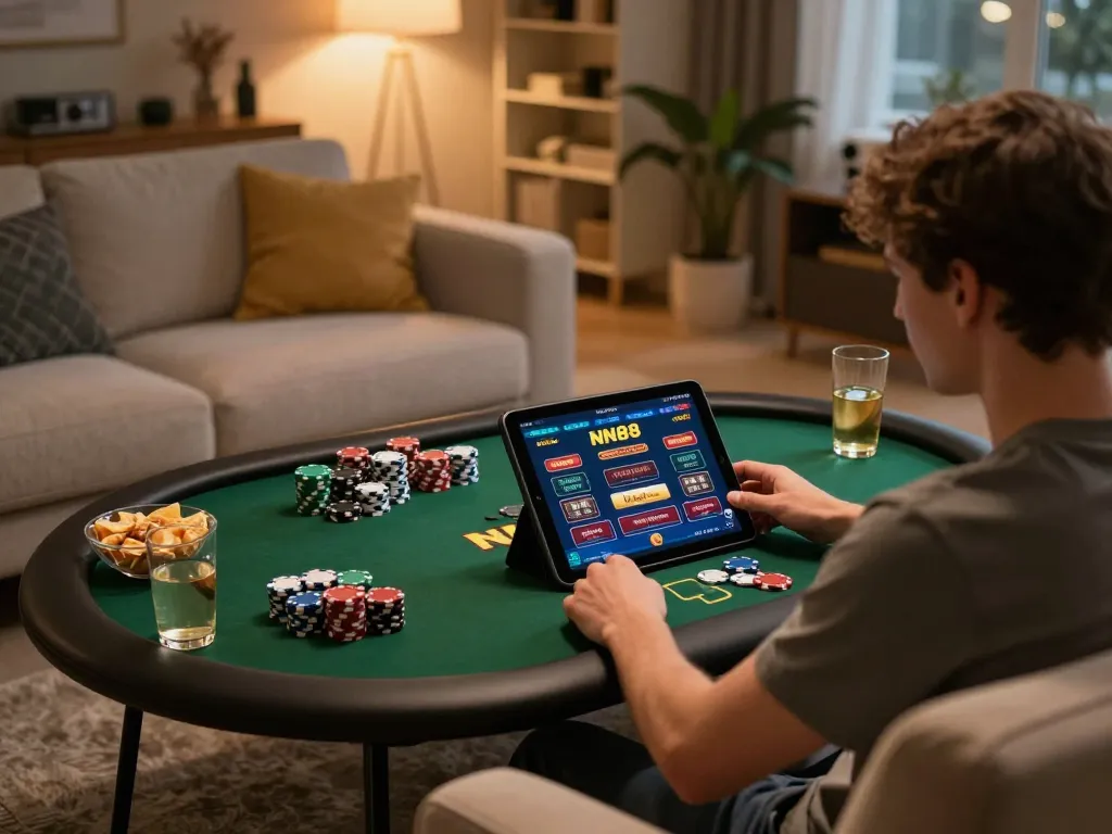 A person using qrcodegenerator1 on a tablet for an engaging online gambling experience in a cozy living room setting.
