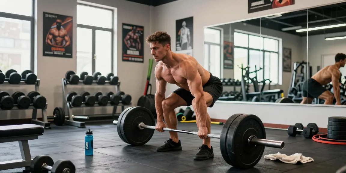 Muscular Athlet demonstriert korrekte Technik im Selliza Shop Fitnessstudio für Deadlifts mit verschiedenen Geräten und inspirierender Atmosphäre.