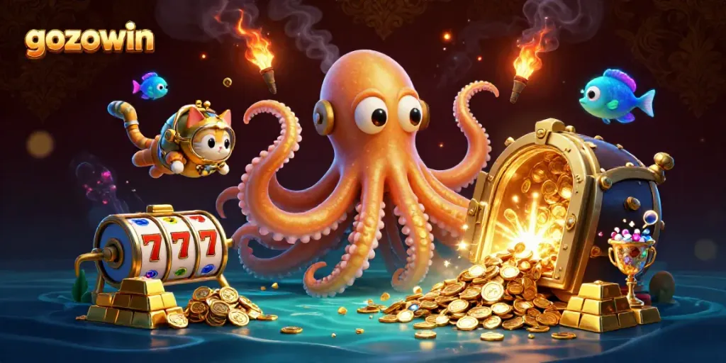 Experience the thrills of gozowin with a vibrant 3D treasure scene showcasing slots and a kraken.