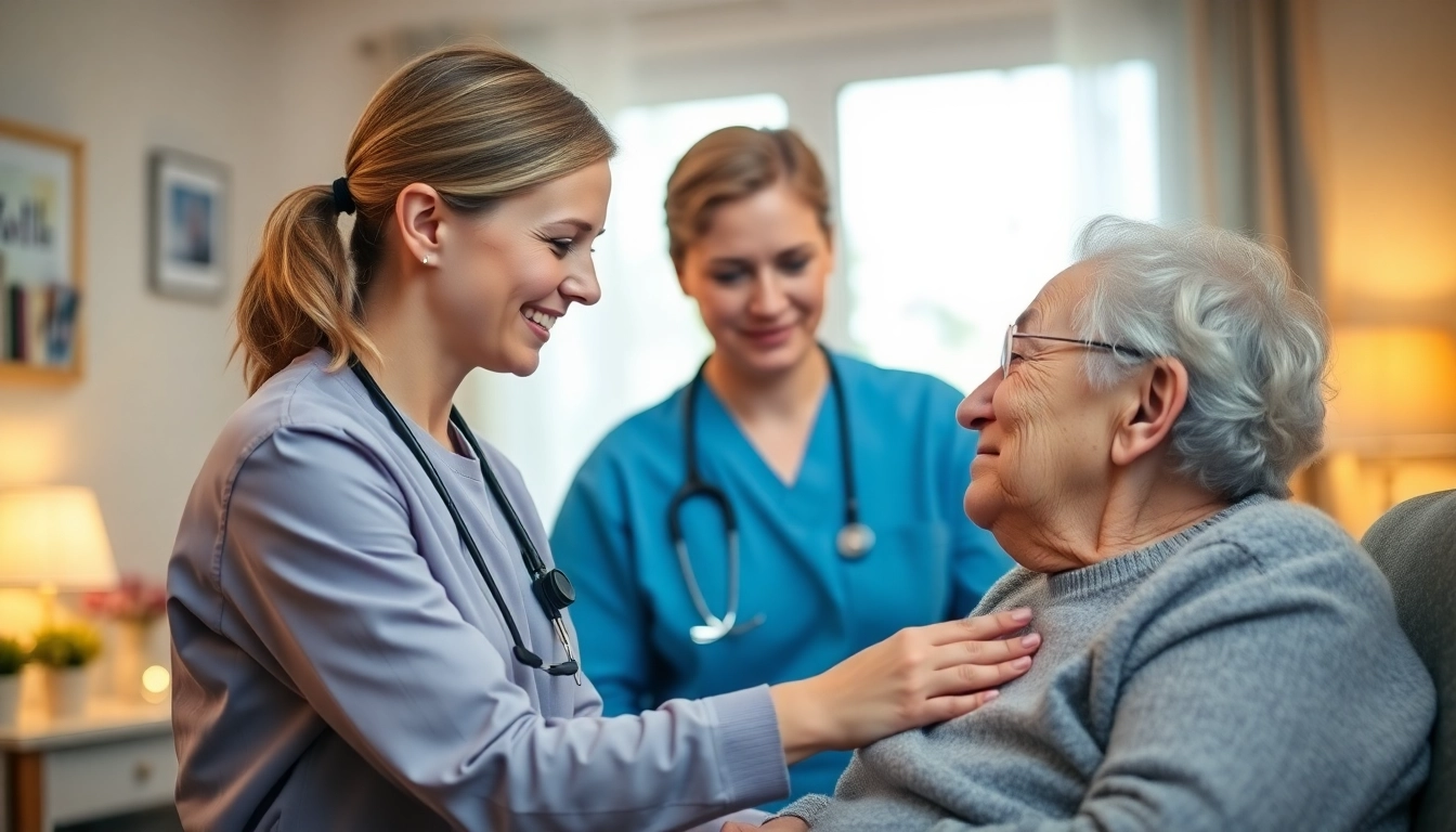 Supportive interaction showcasing ambulanter pflegedienst köln where a nurse helps an elderly client with care.