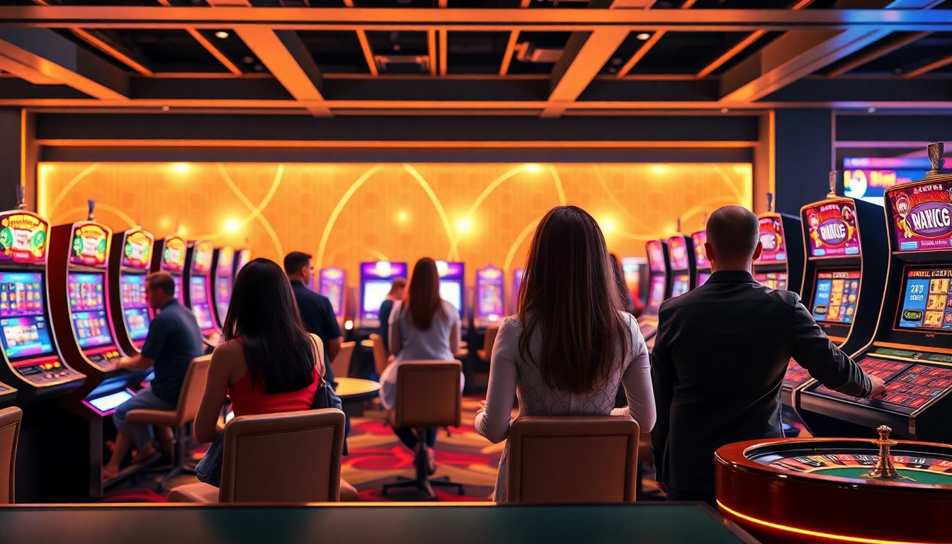 Erleben Sie ein aufregendes Spielambiente im besten Online Casino Schweiz, wo Spieler an modernen Geräten spielen.