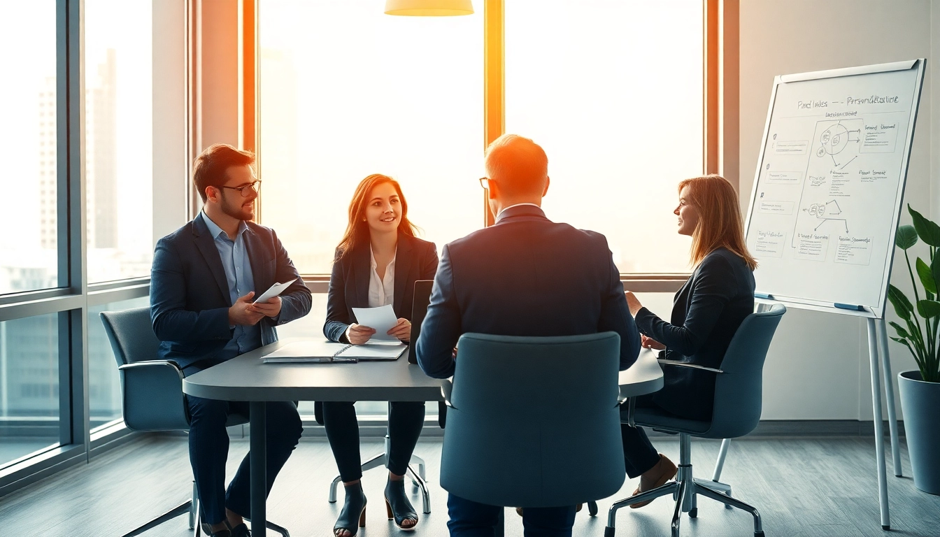 Illustration eines Teams, das aktiv an der Personalvermittlung arbeitet, in einem modernen Büro.