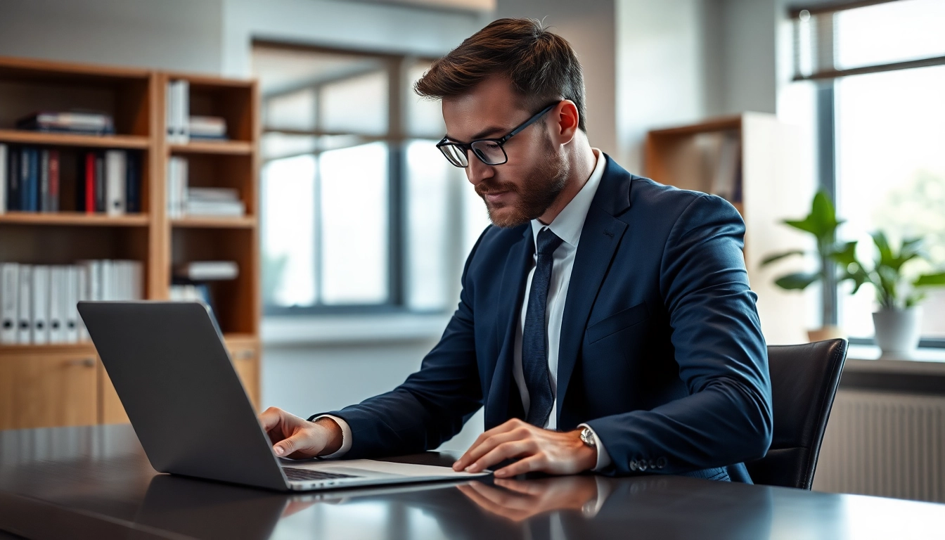 Headhunter arbeitet konzentriert am Schreibtisch in modernem Büro.