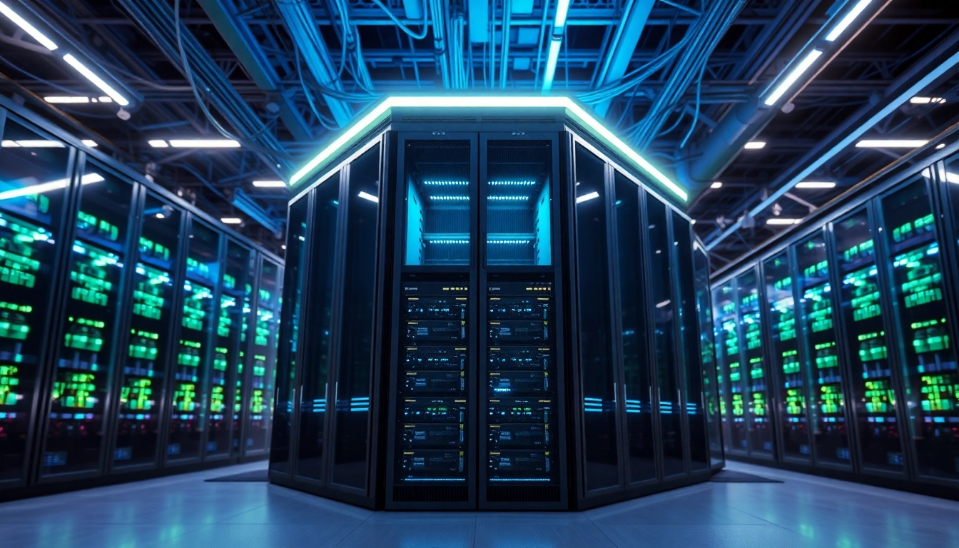 Visualisieren Sie die bahnbrechenden Windows Server 2025 Enterprise Features in einem modernen Rechenzentrum mit beeindruckenden Server-Racks und LED-Beleuchtung.