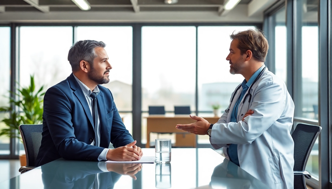 Headhunter Gesundheitswesen berät einen Arzt in einer modernen Büroumgebung, um Vertrauen und Professionalität auszustrahlen.