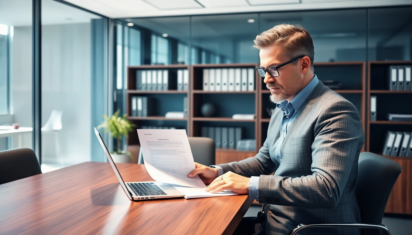 Headhunter Frankfurt bei der Arbeit: Professioneller Headhunter überprüft Bewerbungsunterlagen in modernem Büro.