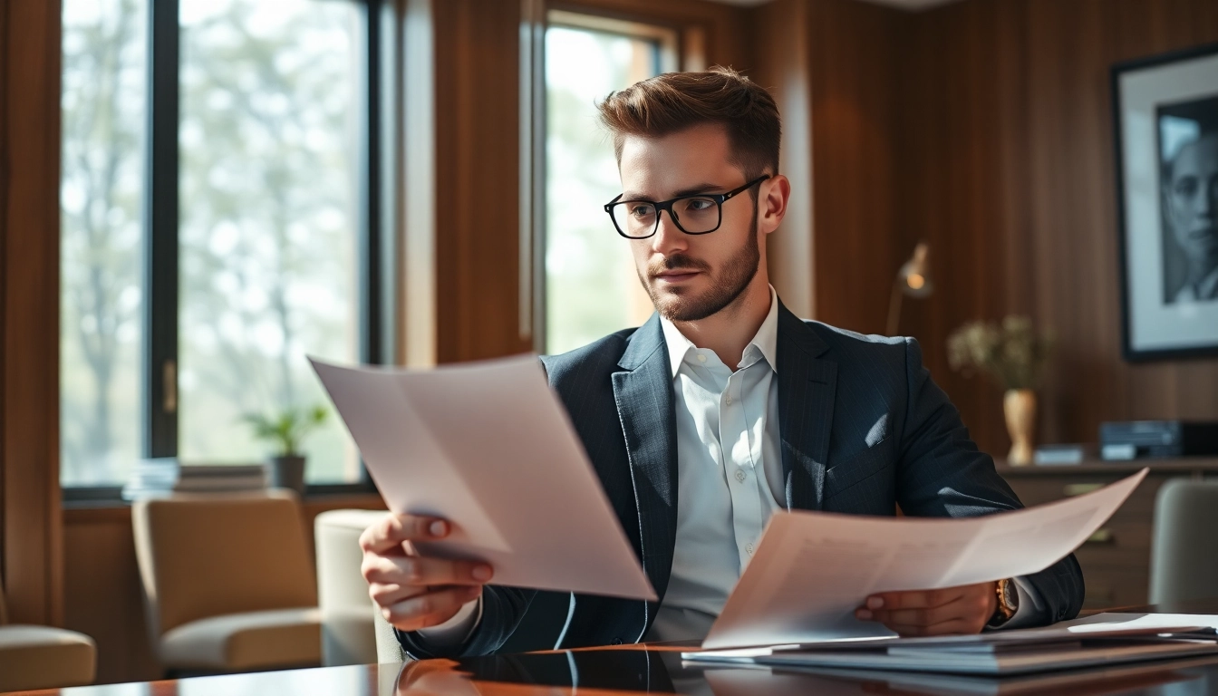 Professioneller Headhunter Geschäftsführer überprüft Lebenslauf in elegantem Büro.