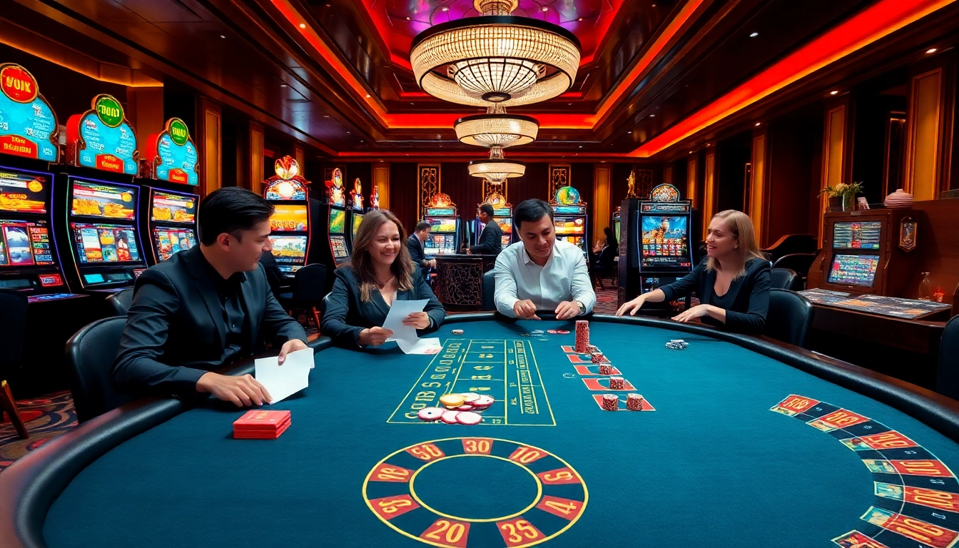 BET88 players immersed in a high-stakes poker game at a vibrant casino table.