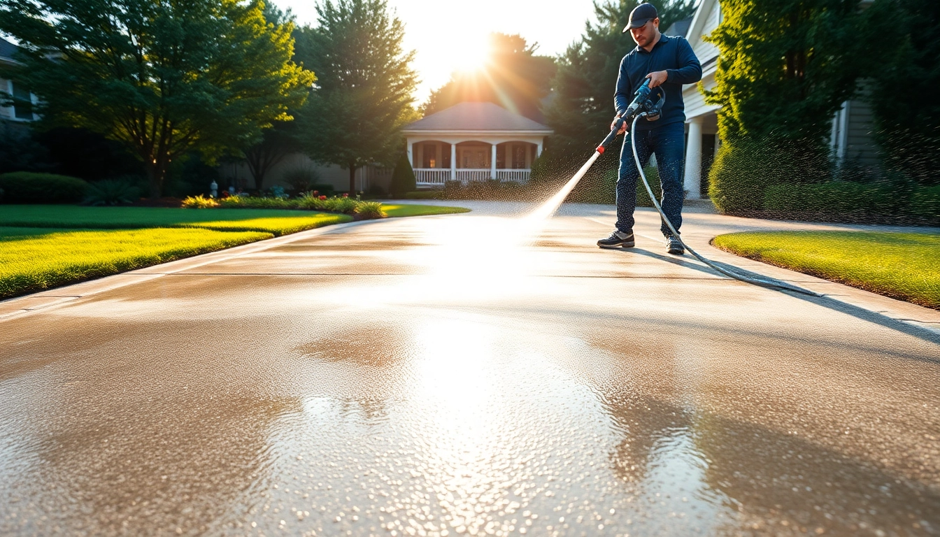 Driveway pressure wash showcasing a professional technician cleaning a residential driveway, emphasizing spotless results and trust.