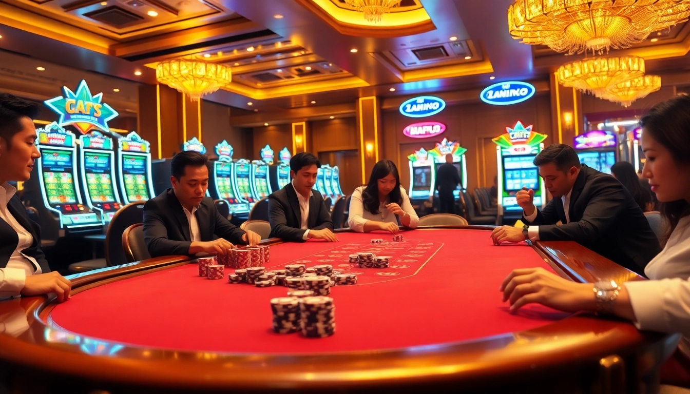 Engaging players at the TT88 gaming table with poker chips and cards in a luxurious setting.