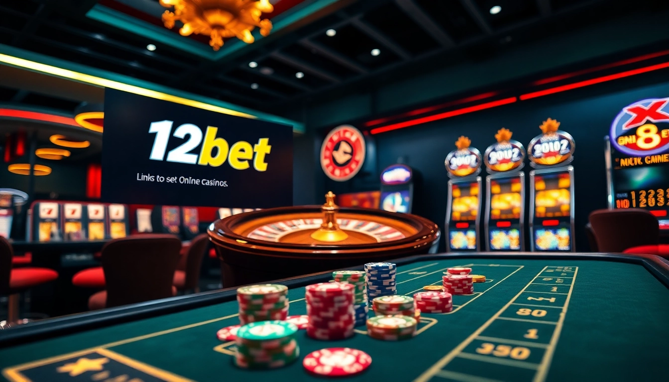 Experience link 12bet through a dynamic casino scene with vibrant gambling elements like tables and slot machines.