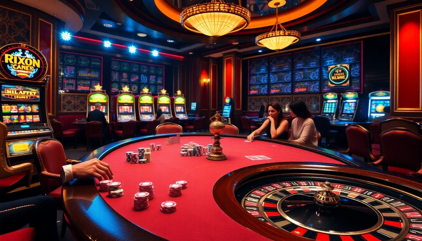 Experience vibrant gameplay at https://rr88.uk.net/ with poker chips and a roulette wheel under dazzling lights.