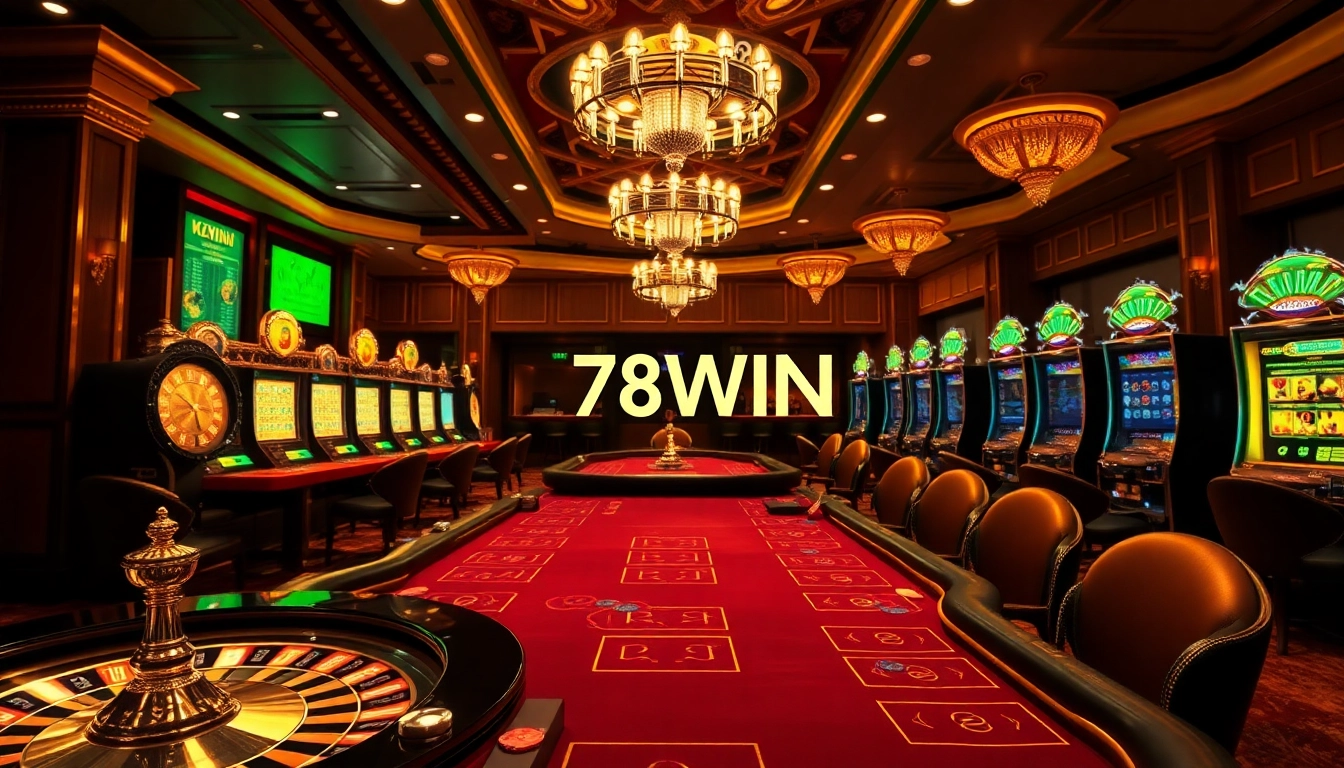 Players engaging in exciting casino games at 78WIN with vibrant roulette wheels and poker setups.