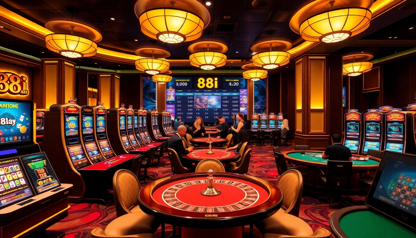 Play the exciting 88i game with vibrant casino tables and slot machines in a luxurious setting.