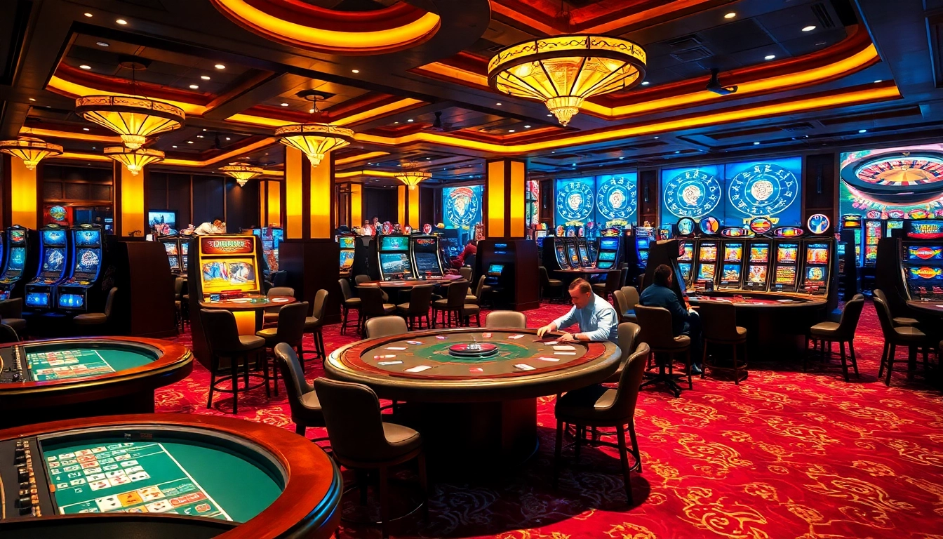 Exciting gaming experience at 789club with poker players, slot machines, and roulette.