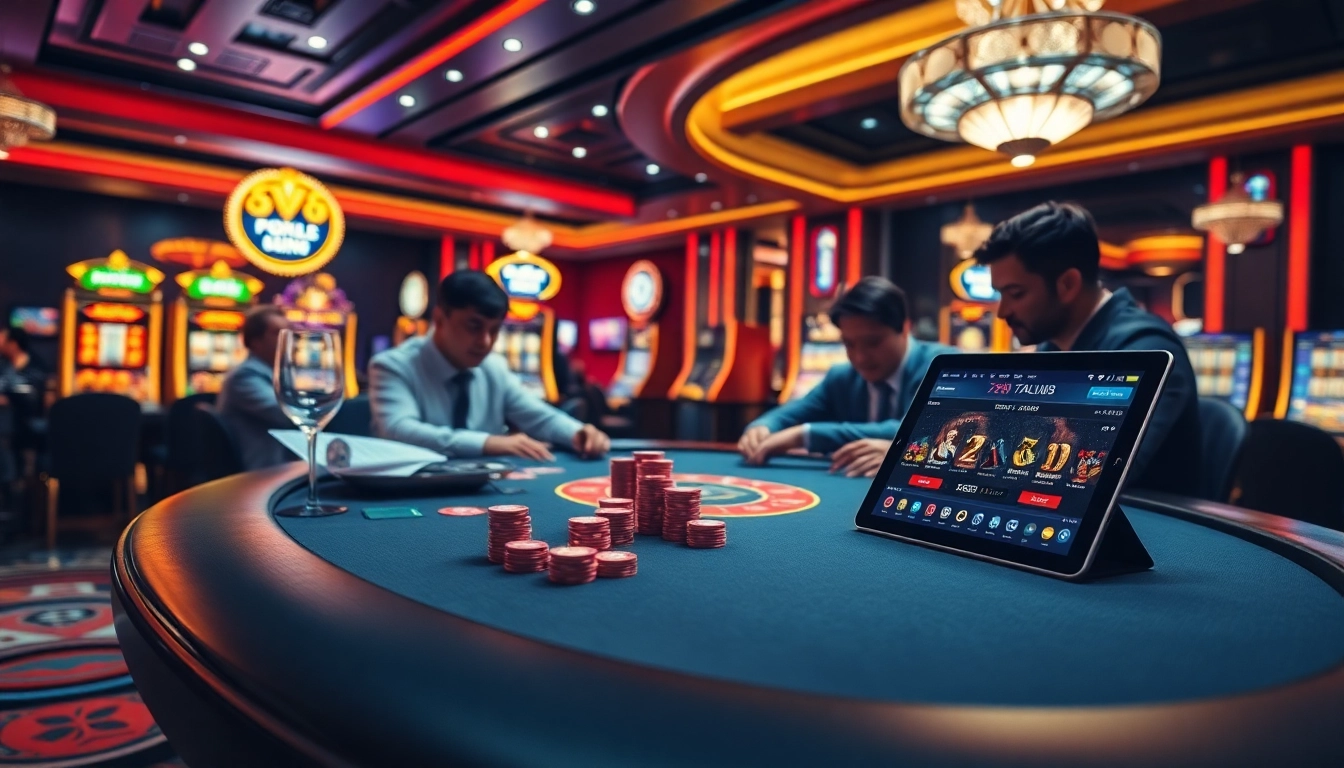 Players enjoying a thrilling game at 789club poker table, showcasing excitement and luxury in a casino atmosphere.