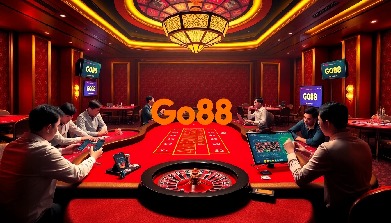 Experience the thrill of Go88 with players at a professional casino featuring vibrant tables and digital interfaces.