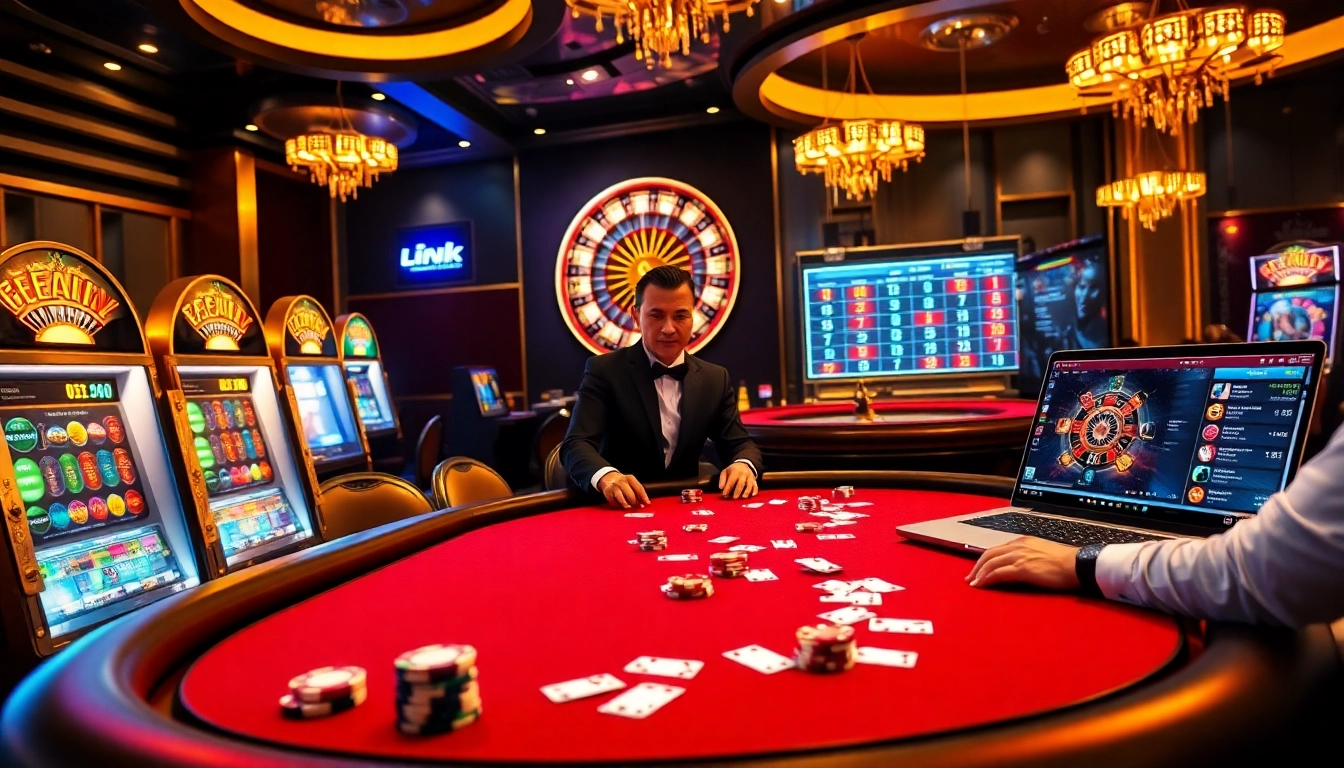 Experience the thrill of link 88i in an exciting casino scene with poker tables and slot machines.