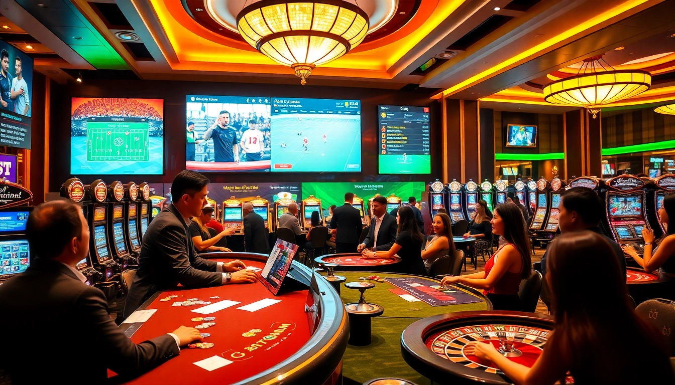 Analyzing kèo nhà cái trực tiếp in a vibrant casino with gambling tables and excited players.