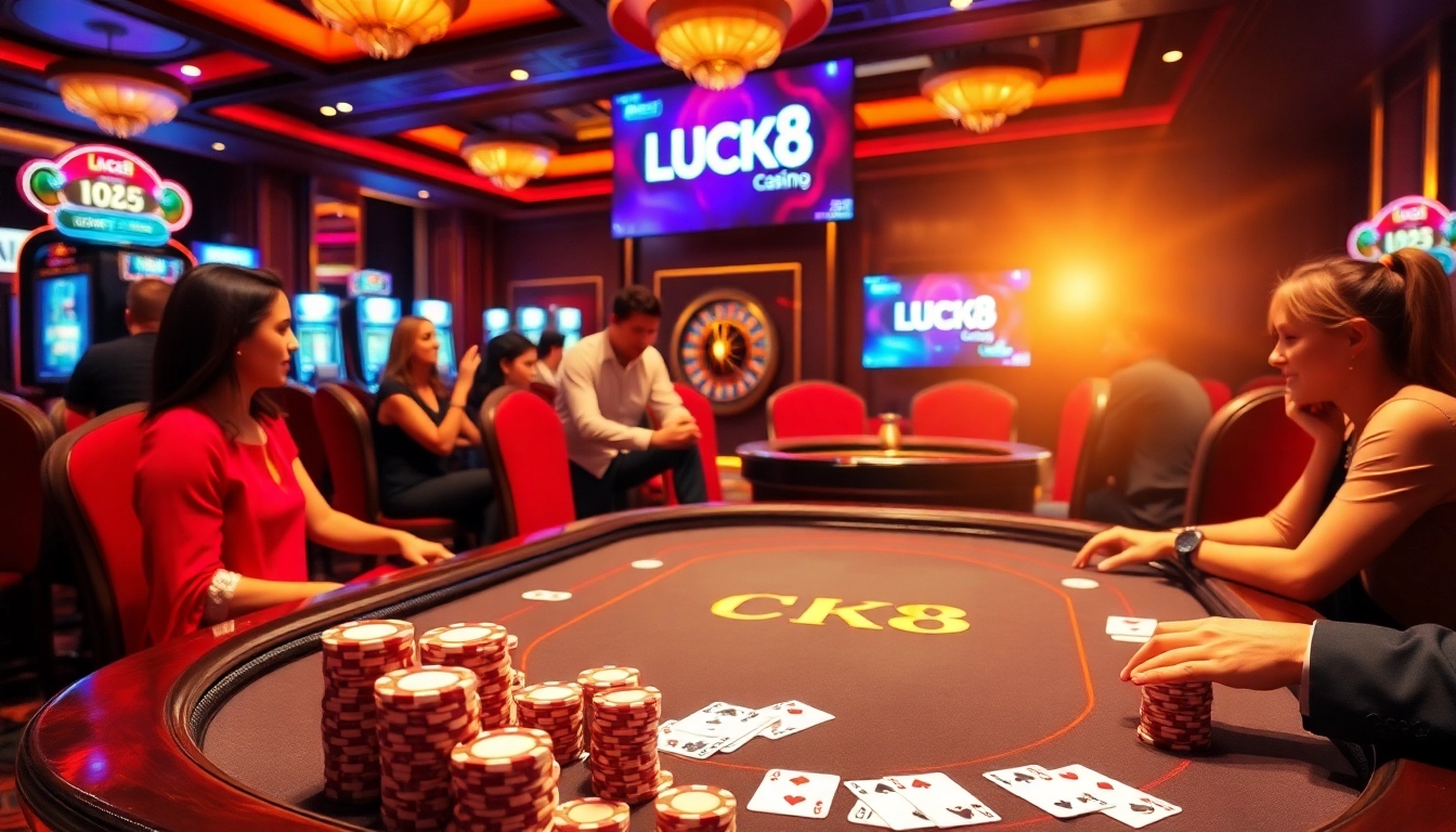 Người chơi tham gia một ván poker đầy kịch tính tại bàn casino mang thương hiệu LUCK8, với các chip và lá bài được nhìn thấy.