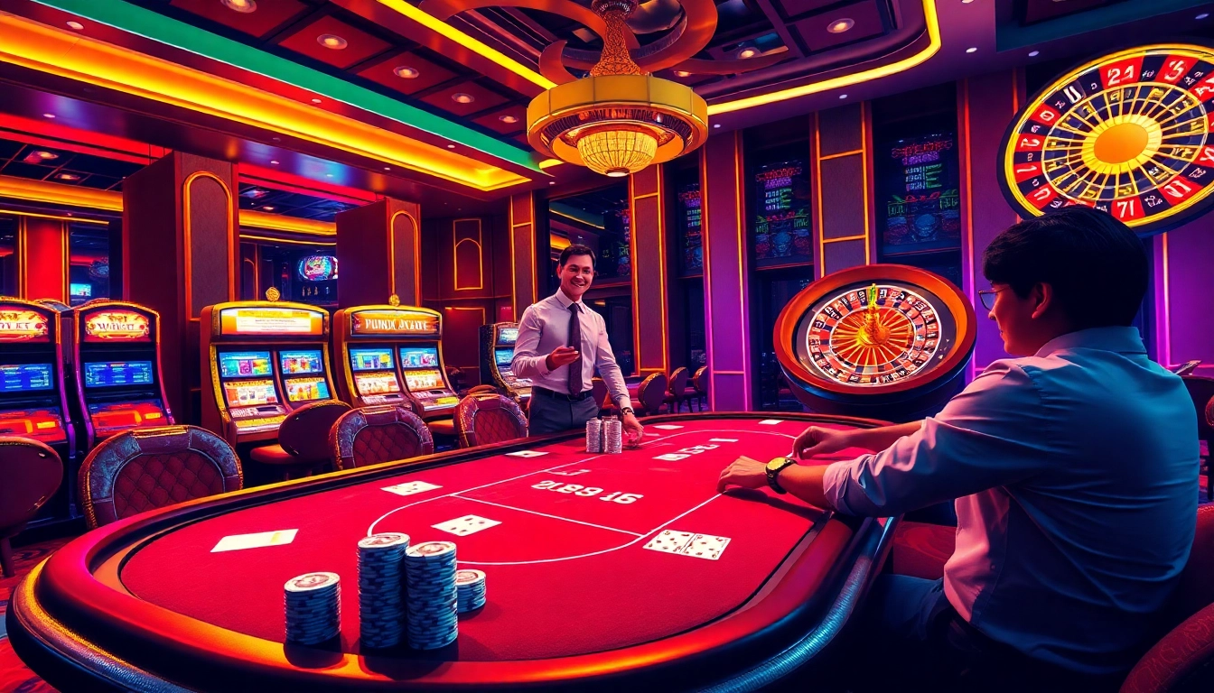 Exciting players engaging in an 88i game at a luxurious casino with poker tables and vibrant slot machines.