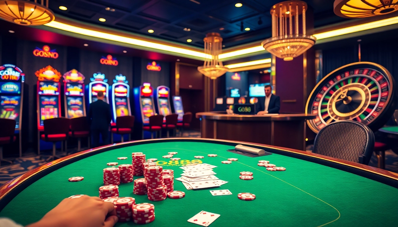 Experience Go88 excitement at a luxurious casino table with vibrant poker chips and cards.