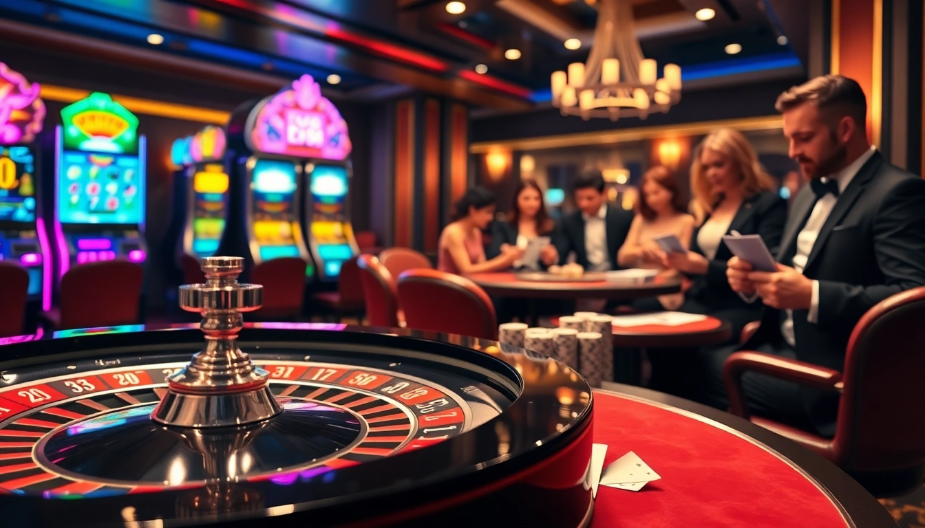 Exciting poker action at ev88 casino featuring glamorous players and vibrant slot machines.