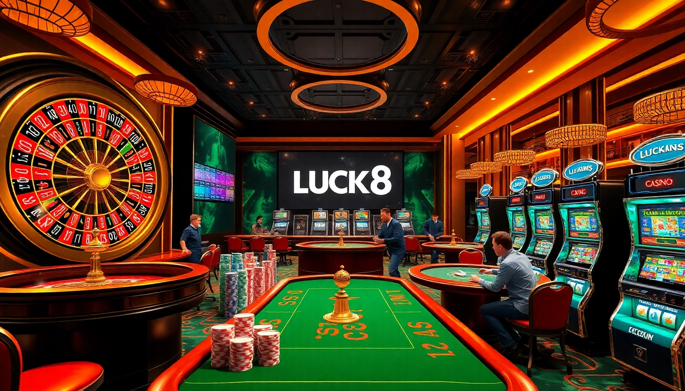 Experience the excitement of LUCK8.COM with vibrant casino elements and engaging gambling activities.